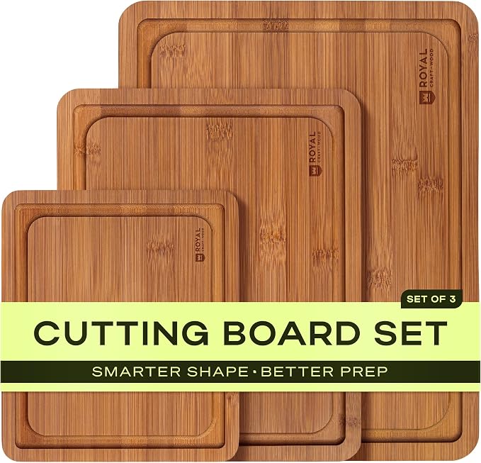 ROYAL CRAFT WOOD Wooden Cutting Boards for Kitchen Meal Prep & Serving - Bamboo Non Toxic Cutting Board Set with Deep Juice Groove Side Handles - Charcuterie & Chopping Butcher Block for Meat (3 Pcs)