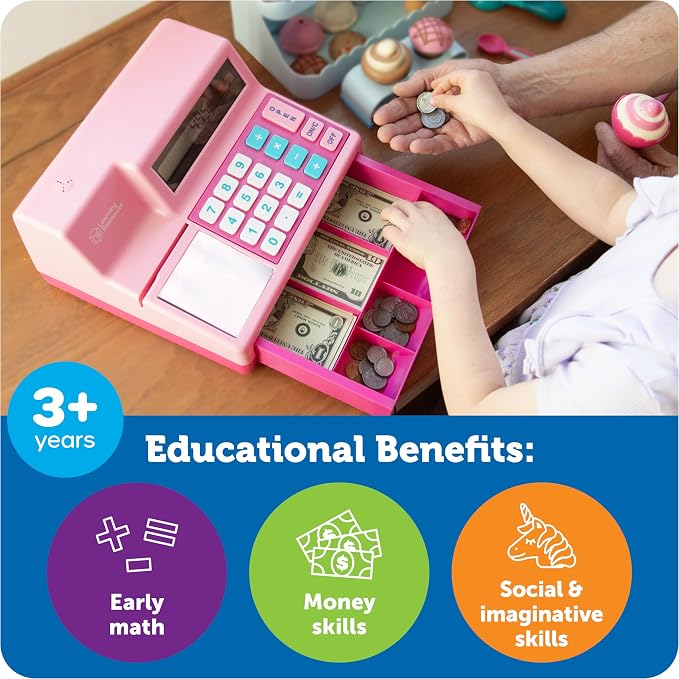 Learning Resources Pretend & Play Calculator Register Toy Pink - Kids Play Set & Credit Card Toy, Register for Kids, Pretend Grocery Store Shopping Playset for Toddlers, Teaching Math Set