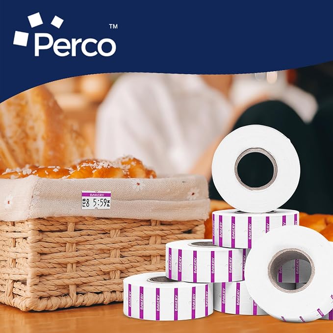 Perco 1 Line Purple Reverse Print on White Bakery Labels—80,000 Labels for Perco Lite, X, Plus & Pro Guns—with Tamper-Proof Design for Marking Breads, Pastries, Cakes—80 Rolls, 10 Sleeves—Made in USA