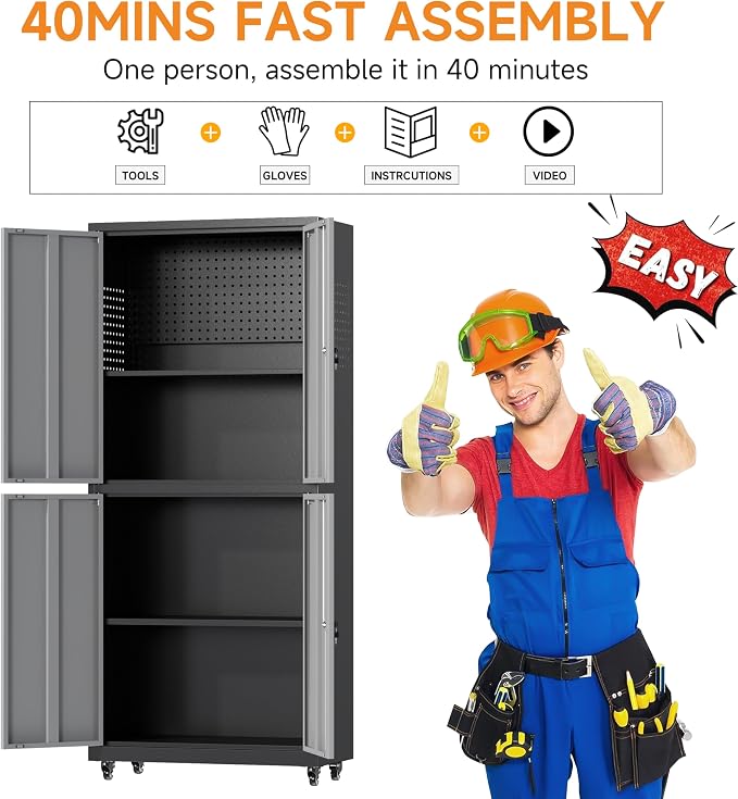 71" H Metal Tool Storage Cabinet with Lock and Wheels, Heavy Duty Garage Cabinet with 4 Doors and 2 Adjustable Shelves, Tool Organizer with Pegboard for Garage, Warehouse (Black&Gray, 71" H)