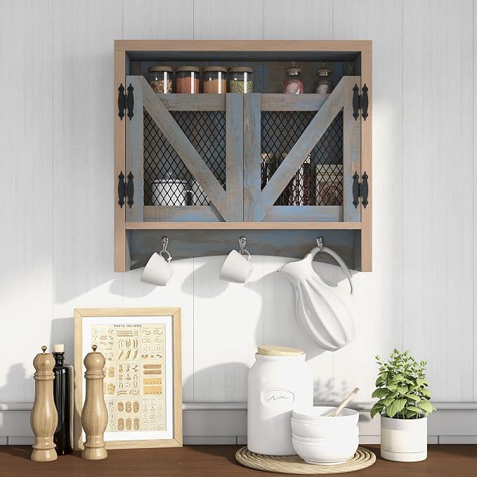 UNA Farmhouse 2 Shelves Wood Wall Cabinet with Net Doors for Bathroom, Kitchen, Living Room, Bedroom, Home Office, Laundry Room, Distressed Blue