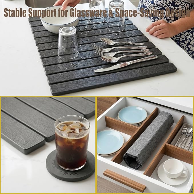 Large Stone Drying Mat for Kitchen Counter, Quick Dry Stone Drying Mat, Foldable Water Absorbing Diatomaceous Earth Dish Drying Mat for Plate Rack Bottles Utensils(Dark Gray 24"×16" & 4" Coaster)