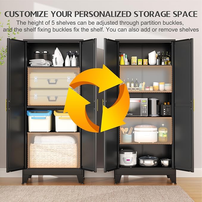 GAIOUS 75.2" Tall Storage Cabinet, Pantry Storage Cabinets with 2 Door and 5 Adjustable Shelves, Black Kitchen Food Cabinet, Metal Utility Cabinets for Kitchen, Dinning Room, Laundry Room