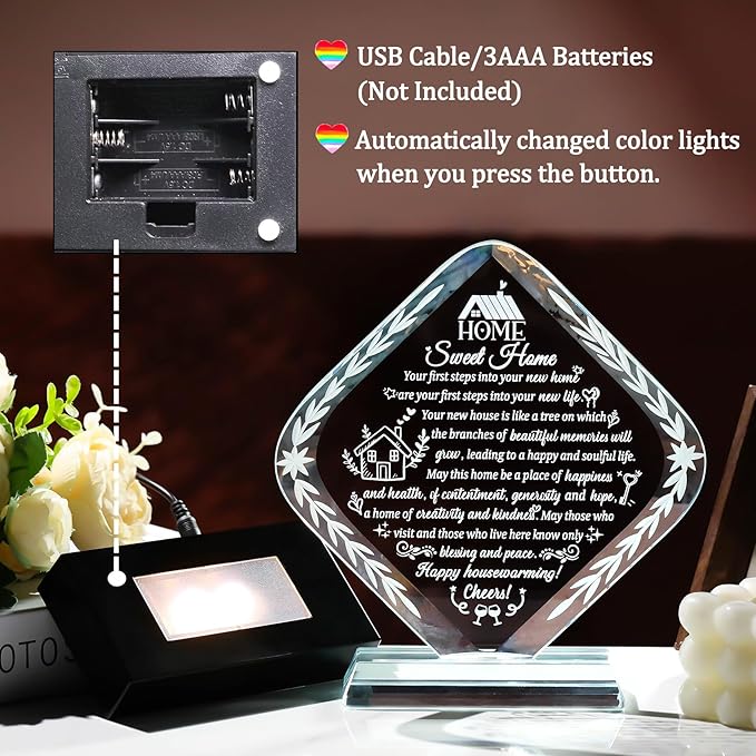 Arikyrist Crystal New Home Gifts for Women Men Housewarming Gift for Friends with LED Light Base Sweet House Warming Ideas Keepsakes for Couples Home Decoration
