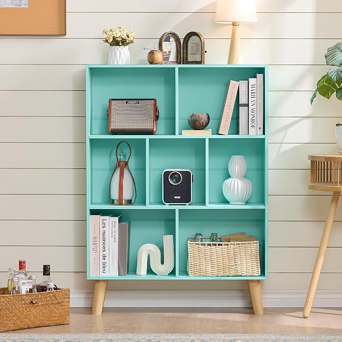 LEYAOYAO Cube Bookshelf, Mid-Century Modern Book Shelf with Legs, Green | 3 Tier Bookcase, Rustic Wood Bookshelves Freestanding Small Storage Organizer, Open Shelves for Bedroom, Living Room, Office