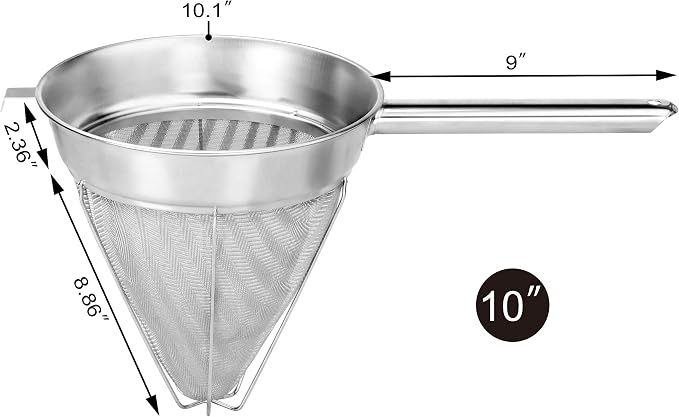 New Star Foodservice Chinois Mesh Strainer, Stainless Steel, Reinforced, Extra Fine Mesh, 10-Inch
