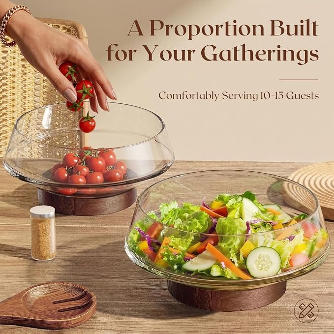 SoulThink® Golden Ratio Extra Large Crystal Glass Salad Bowl Set - Hosting Essentials Salad Serving Bowl with Acacia Wooden Salad Servers and Base, Dinner Party Must Haves for All Occasions