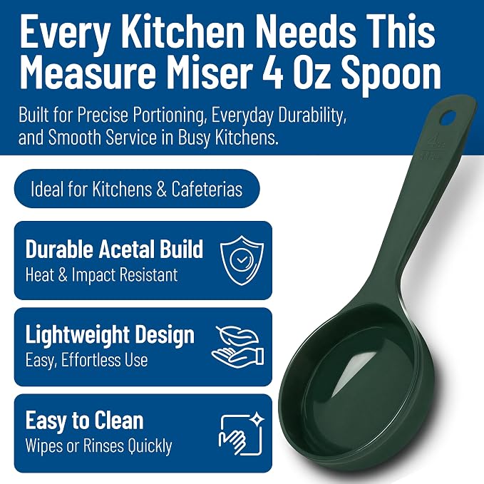 Carlisle FoodService Products 8.25" 4 Ounce Solid Measuring Spoon – Portion Control – Flat Bottom spoon – Short Handle, Dishwasher Compatible, Forest Green, (Pack of 12)