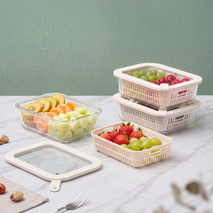 Glass Food Storage Containers with Glass Lids, Microwave Safe Food Container Set, Aitight Meal Prep Container Set, BPA Free, 3 extra Colanders, LeakProof, 3 Pack of 35oz