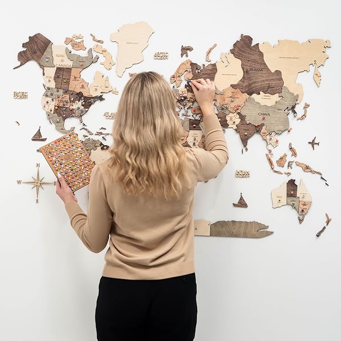 Enjoy The Wood 3D Wooden World Map Wall Art - Large Travel Map with Pins for Art Decor - Decorative Map of the World for Home, Office - Travel Wall Art Housewarming Gift Idea (Smokey, 2XL, Unframed)