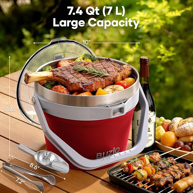 BUZIO 7.4 Qt/7 L Double Wall Insulated Ice Bucket with Lid Scoop & Tongs | Stainless Steel Beer Bucket for Party Cocktail Bar Champagne, Adjustable Shoulder Strap, Holds 6 Longnecks or 3 Wine Bottles