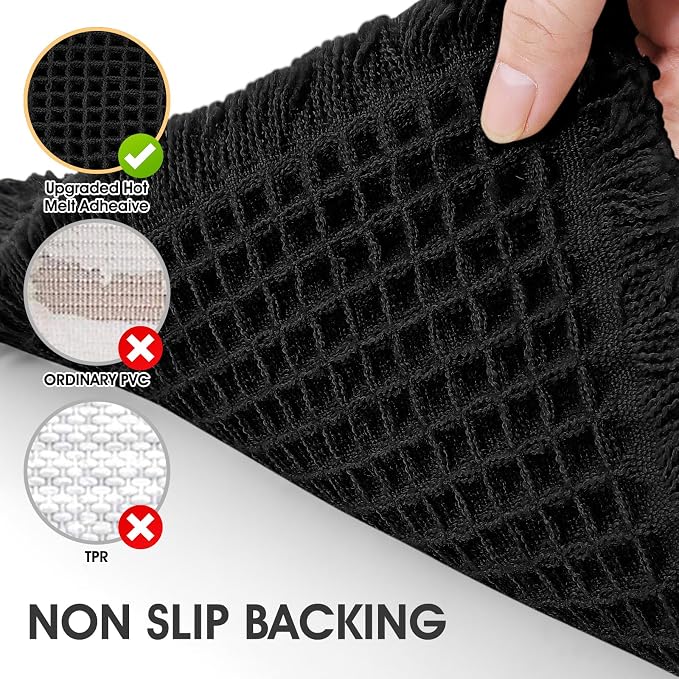 IM HOME Waffle Bath Mat Black 24"x17", Boho Woven Modern Bath Mat Rugs, Absorbent Non Slip Bathroom Rugs, Soft Washable Bath Rugs with Tassels for Bathroom, Bedroom, Kitchen, Shower, Tub