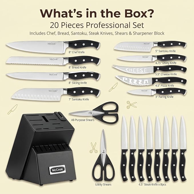 McCook Kitchen Knife Set 20PC Knife Block Set w Built-in Sharpener | German Forged Stainless Steel,Razor Sharp, Anti-Rust,Triple Rivet,Restaurant Grade,Ergonomic Handle,Full Tang,Gift Box