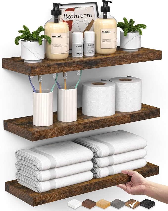 BAYKA Bathroom Floating Shelves for Wall Set of 3 - Rustic Brown Farmhouse Wood Shelves Over Toilet for Bedroom, Kitchen, or Living Room Decor Display, Storage for Plants, Toilet Paper or Bath Towels