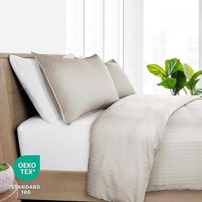 Bare Home Bedding Duvet Cover Extra Long Size - Premium 1800 Super Soft Collection - Lightweight, Cooling - Soft Textured (Twin/Twin XL, Pinstripe - Stone/White)