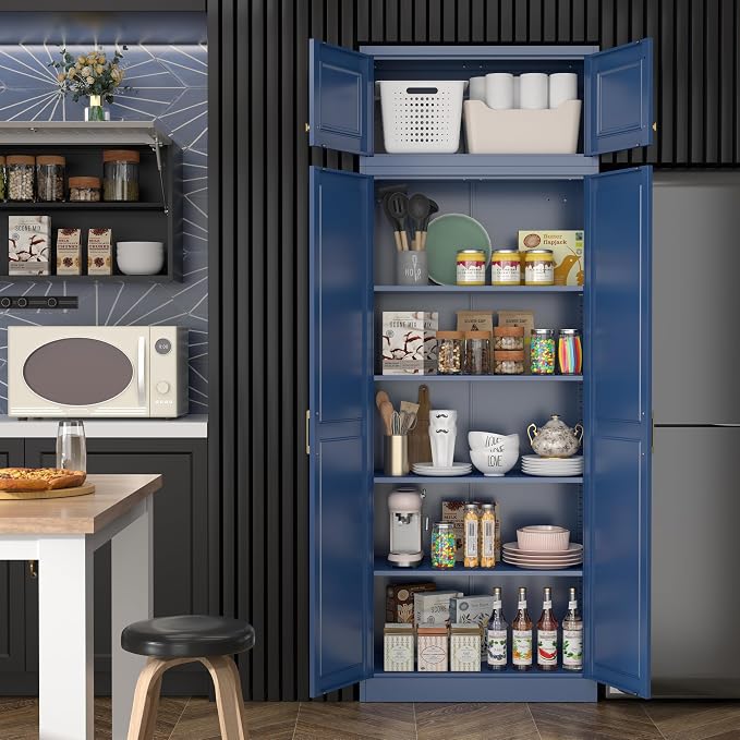 Steeloong 86"Metal Pantry Storage Cabinet with Doors & 4 Adjustable Shelves | Kitchen Pantry Cabinet,Blue Kitchen Cabinet with 4 Gold Handles,Tall Cabinet for Livingroom,Pantry, Bathroom,Kitchen,Garage
