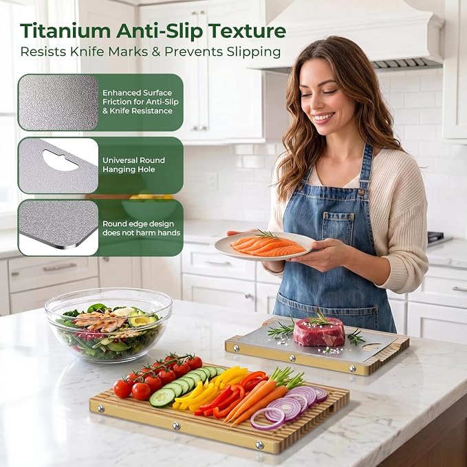 Glue Free, Plastic Free Zebra-Stripe Bamboo Pure Titanium Cutting Board Set | 6 Usable Sides, Juice Grooves, Non-Slip & Scratch Resistant, Knife-Friendly, Dishwasher Safe, Warp Resistant, Kitchen Gifts