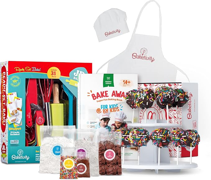 Baketivity 4 in 1 Kids Baking Set Mega Kit - Cake Pop Kit with Stand - Kids Apron and Chef Hat Set - Bake Away Cookbook - Cooking Real Utensils - Baking Gifts for Girls & Boys
