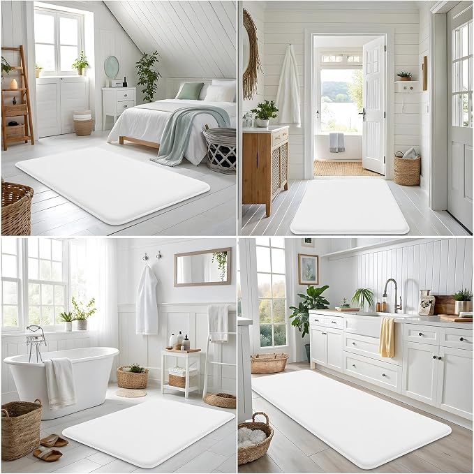 Smiry Memory Foam Bath Mat 44x24, Extra Soft and Absorbent Bathroom Mats, Non Slip Washable Carpet for Floor, Shower and Tub, White