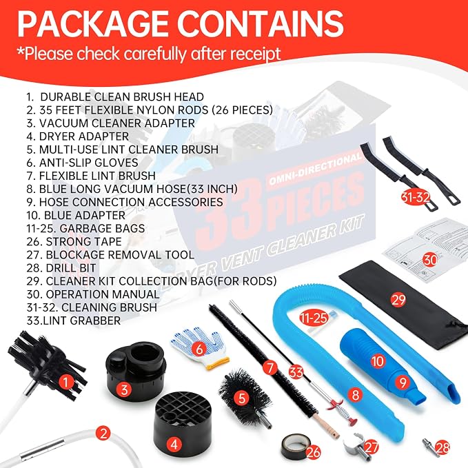 Dryer Vent Cleaner Kit, Bluesea 33-Piece Omnidirectional Dryer Cleaning Kit Include 35 Feet Dryer Vent Brush, Upgrade Noiseless Dryer Lint Vacuum Attachment, Lint Trap Brush, Vacuum & Dryer Adapters