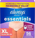 Always Discreet Essentials Adult Diapers for Women, Postpartum Essentials, Disposable Briefs, Unscented Incontinence Underwear Bladder Leak Protection, Size XL, 56 Count