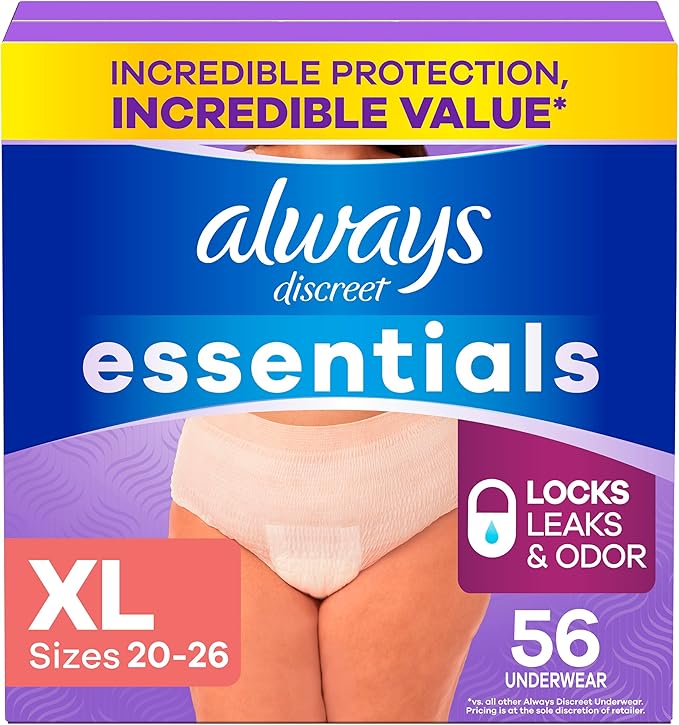 Always Discreet Essentials Adult Diapers for Women, Postpartum Essentials, Disposable Briefs, Unscented Incontinence Underwear Bladder Leak Protection, Size XL, 56 Count