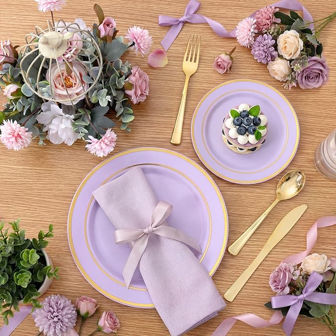 WDF Partyware 175PCS Purple Plates Disposable - Lavender Plastic Plates 25Guests Plastic Dinnerware with Rolled Napkins for Birthday/Spring/Baby Shower/Birthday