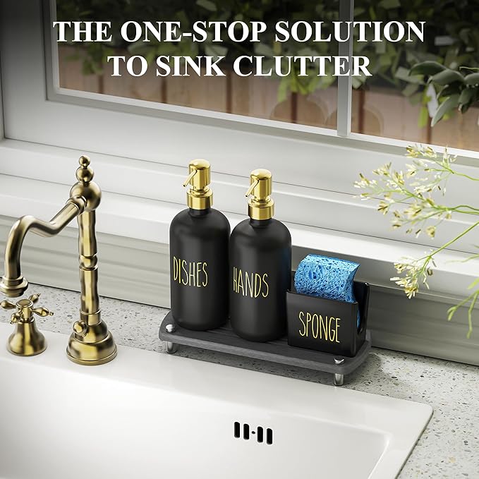 Cisily Kitchen Soap Dispenser Set Comes with Ceramics Sponge Holder, Gold Pumps, and Instant Dry Tray, Hand and Dish Soap Dispenser Set (4, Gold + Black + Sponge Holder)