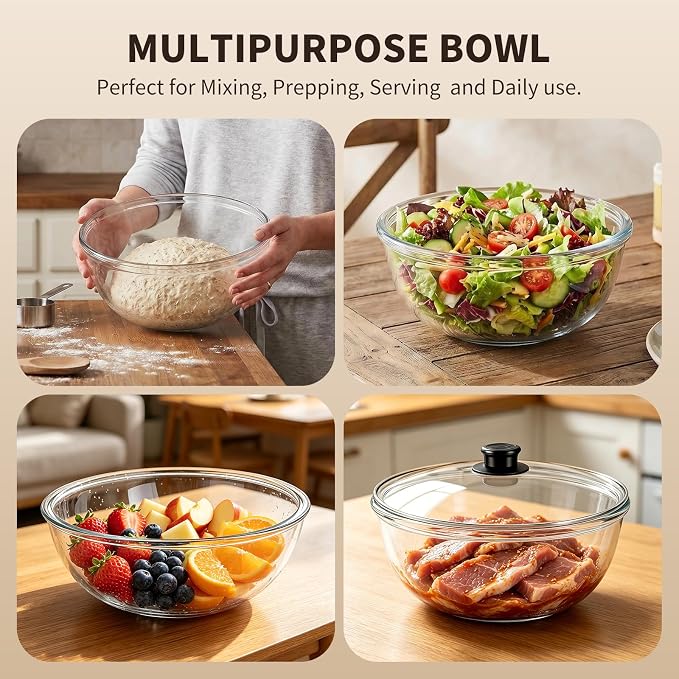 6.3 QT Glass Mixing Bowl with Lids, Large Glass Bowl for Sourdough Bread | Thick Glass Salad Bowl, Extra Large Glass Bowl Ideal for Kitchen Storage, Baking, Food Prep, Dishwasher Microwave Freezer