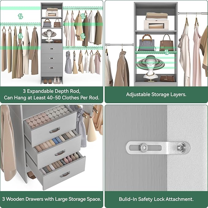 Besiost 96'' Closet Organizer System with 3 Hanging Rods, 8FT Closet Organizers and Storage with 3 Wooden Drawers, Built in Closet Organizer Systems, Adjustable Walk-in Wardrobe from 5-8FT, Grey