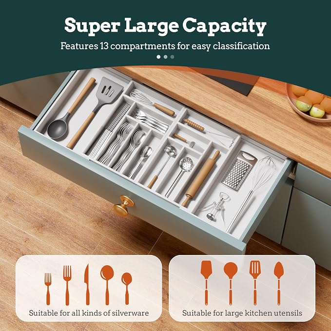 Silverware Organizer Large, Magnetic Connected Expandable 13 Slots Silverware Drawer Organizer from 21 to 37.4 Inches, Adjustable Flatware and Cutlery Holder, Bamboo Utensil Tray for Kitchen White