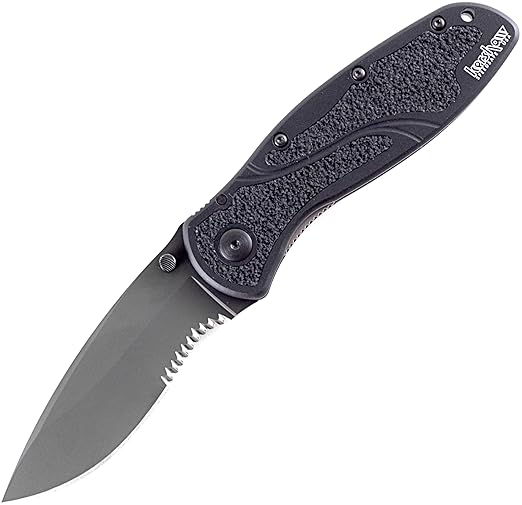 Kershaw Blur,Black Serrated(1670BLKST); Folding Knife with All-Black Body,Partially Serrated 3.4” 14C28N Steel Blade,Anodized Aluminum Handle with Trac-Tec Grip,Reversible Pock lip; 3.9OZ