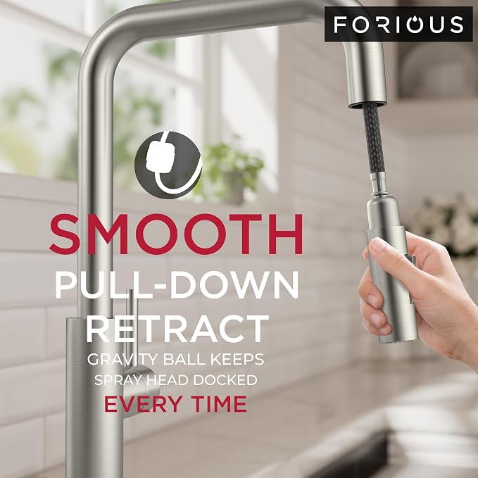 FORIOUS Kitchen Faucet with Pull Down Sprayer, Brushed Nickel Single Handle U-Spout Stainless Steel Kitchen Sink Faucet, 1 or 3 Hole Deck Mount for RV, Bar, Farmhouse, Laundry, Outdoor