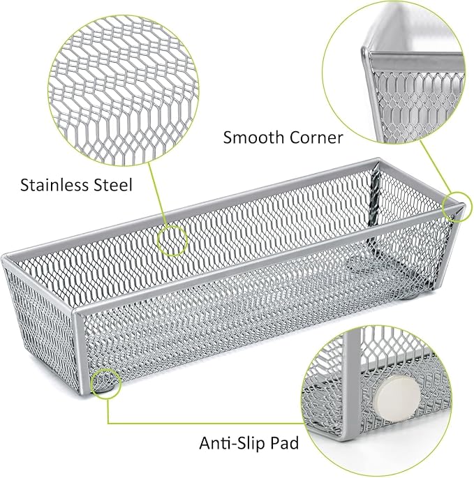 Neudeco Drawer Organizer Set, Silver, 5 Pack | 4-Compartment Silverware Tray, 4 Utensil Trays, Silver Mesh, Non-Slip, For Flatware, Cutlery, Office Supplies