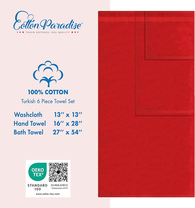 Cotton Paradise 100% Cotton Turkish Towel Set, Soft Absorbent Quick Dry, 6 Piece Towel Set, Red