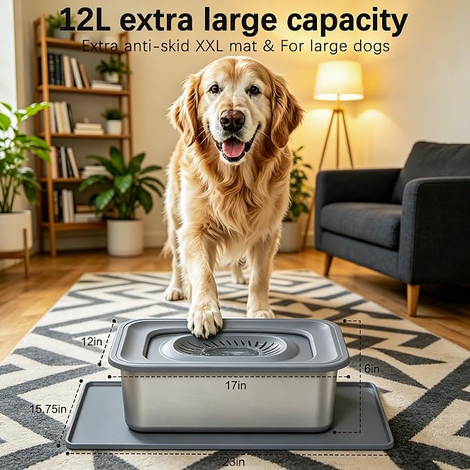 12L/3.17Gal Large Dog Water Bowl No Spill Stainless Steel | Pet Water Bowl for Messy Drinkers, Anti-Slip XXL Silicone Mat, Floating Disk & Dual Filtration