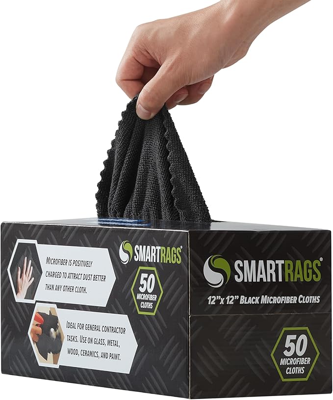 Arkwright Smart Rags Microfiber Cleaning Cloths, Pack of 50 in a Box, Lint Free 180 GSM Reusable Towels for Auto, Office and Household Cleaning, 12 x 12 in, Black