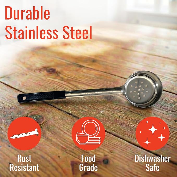 6 oz Slotted Stainless Steel Portion Control Ladle Spoon | Commercial-Grade Spoodle for Portioning & Draining - Pasta, Veggies & Buffet Service. Color-Coded by Size. Dishwasher Safe.