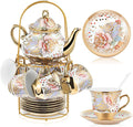 Zhehao 20 Pcs Porcelain Tea Set with Metal Holder and Spoon Adult Ceramic Tea Set European Flower Painting Teapot Cup Saucer Spoon for Women Mom Gift, Large Version (Rustic Style)