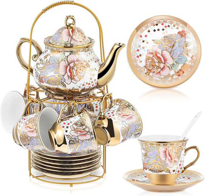 Zhehao 20 Pcs Porcelain Tea Set with Metal Holder and Spoon Adult Ceramic Tea Set European Flower Painting Teapot Cup Saucer Spoon for Women Mom Gift, Large Version (Rustic Style)