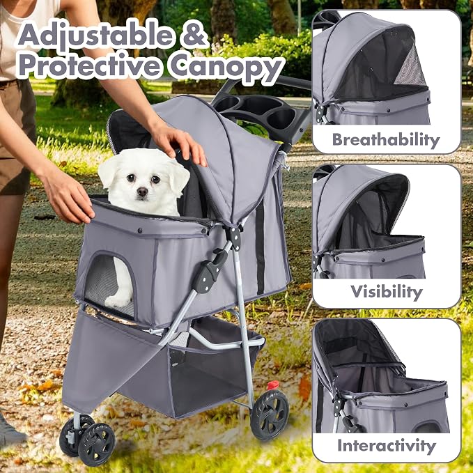 DUMOS 3 Wheels Pet Stroller for Small Dogs and Cats, Foldable Dog Stroller with Mesh Windows, Storage Basket & Cup Holder, Lightweight & Durable Pet Carrier for Outdoor Use, Grey