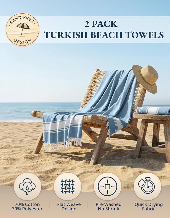 LANE LINEN Beach Towels for Women, 2 Pack Large Beach Towels Oversized, Pre-Washed, No-Shrink Sand Free Beach Towels, Quick Dry, Lightweight Travel Towel,Soft Beach Bath Towel, 39"x71" - Sky Blue | 2 Pack Large Beach Towels Oversized - Pre-Washed, No-S...