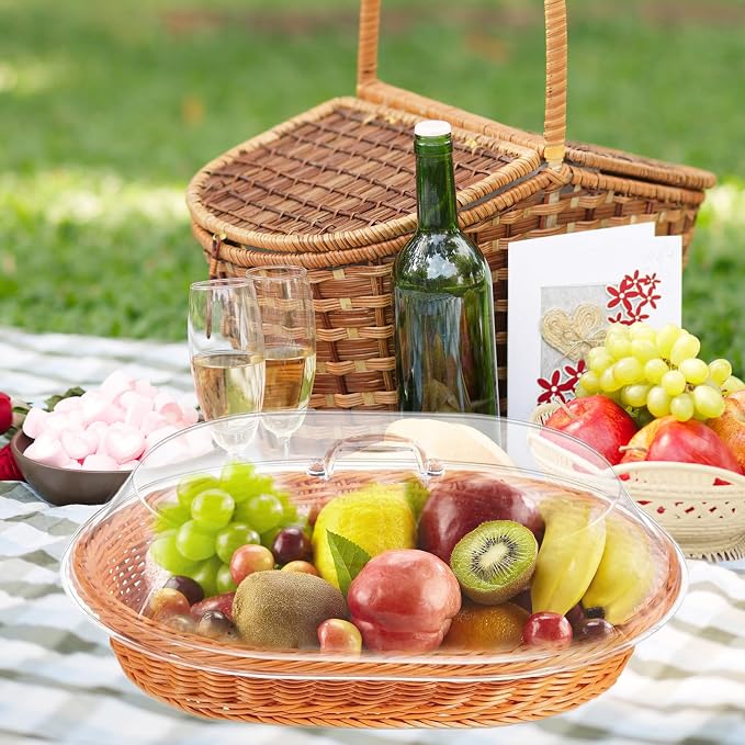 Rattan Bread Baskets, 2 Pack, Oval Woven Baskets with Acrylic Lids, 15.75 x 11.81 inches, Stainless Steel Tongs, Lace Doilies, for Bread, Fruit, Food Display
