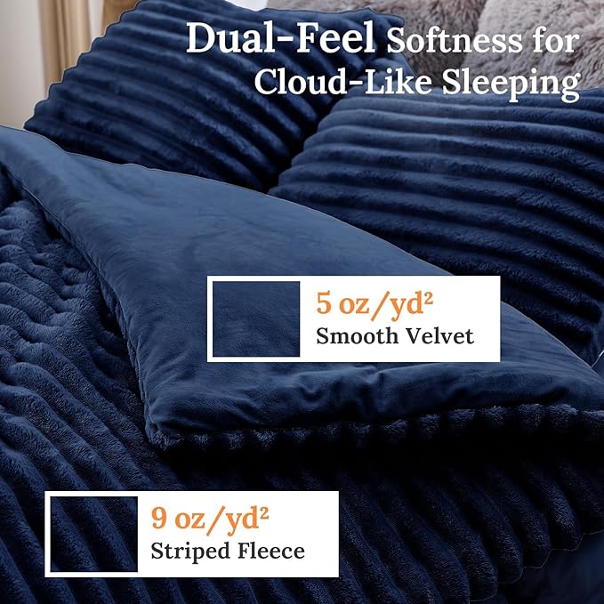 Sasttie King Comforter Set 3 Pieces - Super Soft Fleece Comforters King Size, 1 Luxury Warm Fuzzy Marshmallow Comforter with 2 Pillow Cases, Faux Fur Down Alternative Bedding Set, Marine Blue