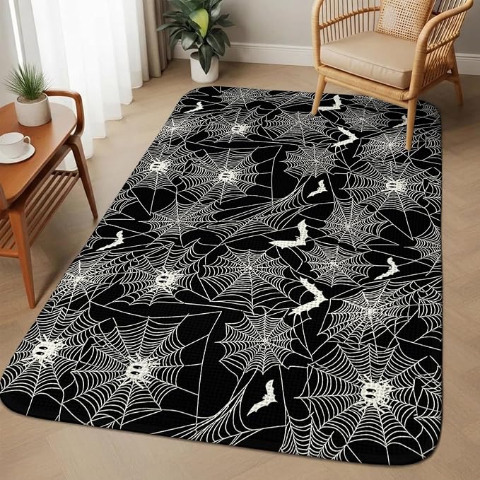 Halloween Washable Area Rugs for Living Room Bedroom, Large Non Slip Indoor Floor Carpet Absorbent Low Pile Black Scary White Bat Animal Net Geometric Door Mat Rugs for Bathroom Entryway 63"x78.7"