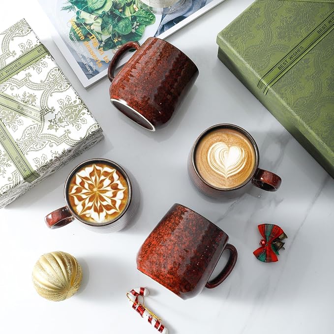 HASENSE Ceramic Coffee Mugs Set of 4, 8 oz Small Coffee Cups, Porcelain Mug with Handle for Espresso, Tea, Milk and Cocoa, Ideal for Mother's Day Christmas Gift, Dishwasher & Microwave Safe, Red