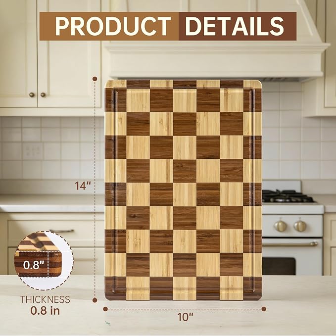 Checkered Bamboo Cutting Boards for Kitchen, Thick End Grain | Wood Chopping Board with Juice Groove, Butcher Block for Meat, Bread & Fruit, Medium, 14"L x 10"W x 0.8"Th