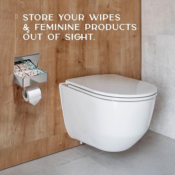 Day Moon™ - Toilet Paper Holder with Shelf - Modern Roll Holder for Bathroom - 1 Pack - Wall Mount - with Storage, Polished Chrome