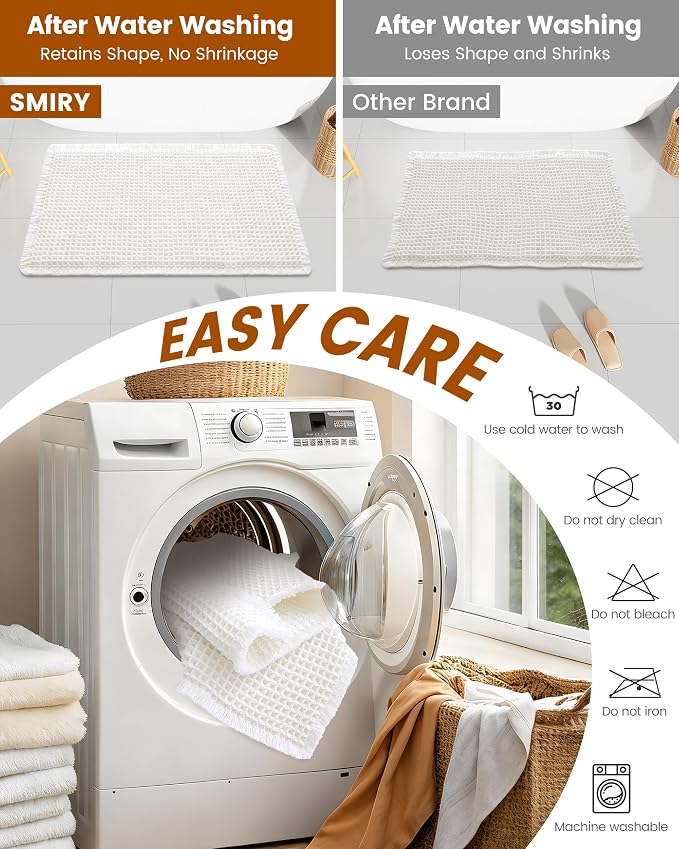 Smiry Waffle Bath Mat 24x16, Extra Soft Absorbent Bathroom Rugs, Non Slip Machine Washable Quick Dry Bath Rugs for Bathroom Floor, Tub, Shower, Home Decor Accessories, White