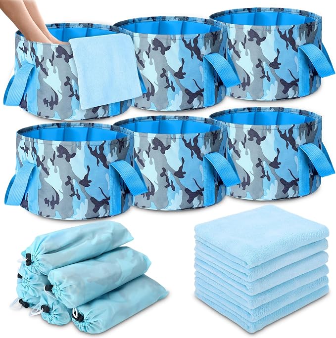 FillTouch 12 Pcs 15L Foldable Foot Soaking Tub Kit Portable Foot Bath Tub for Soaking Feet with Towel and Storage Bag Soak Spa Bucket for Travel Camping (Camouflage,Blue)